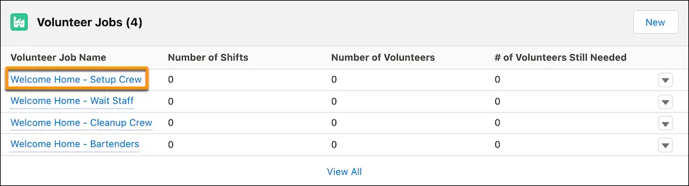 The Welcome Home - Setup Crew record in the Volunteer Jobs related list on the campaign