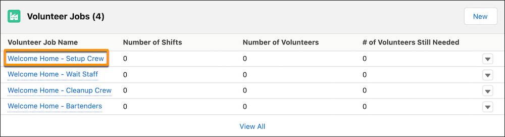 The Welcome Home - Setup Crew record in the Volunteer Jobs related list on the campaign
