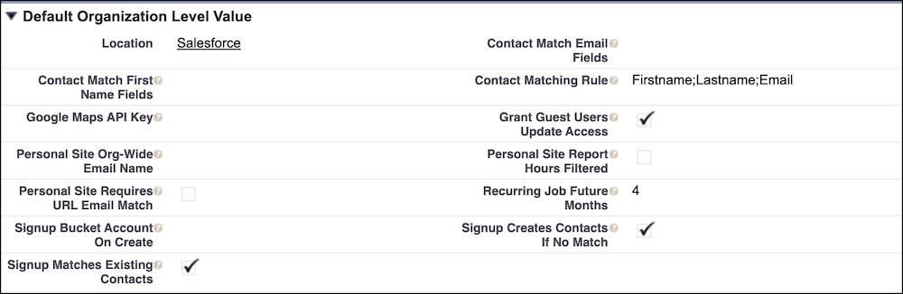 The Default Organization Level Value section with our selections