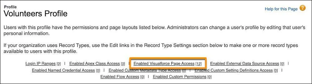 The Enabled Visualforce Page Access navigation link