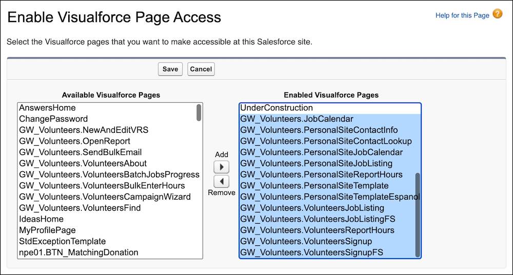 The pages in the Enabled Visualforce Pages list