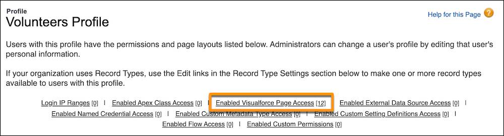 El vínculo de navegación de Acceso a la página de Visualforce activado