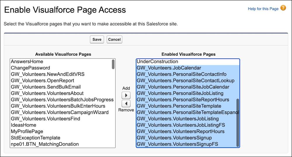 Las páginas en la lista Páginas de Visualforce activadas