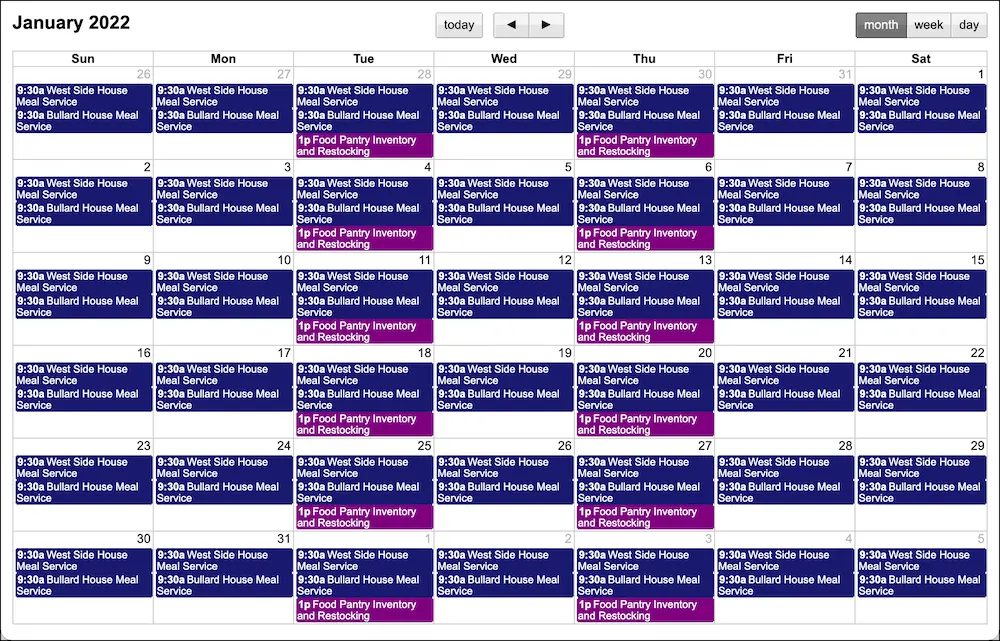 La vue de calendrier des événements de NMH