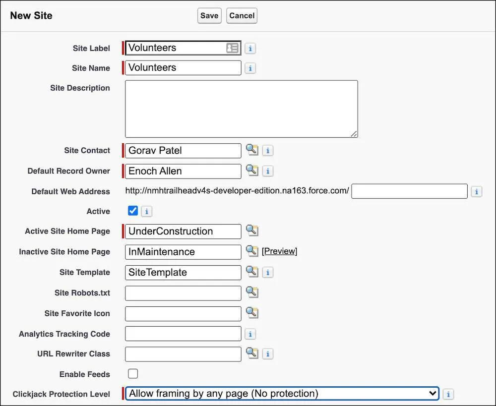 The New Site settings page with NMH’s details