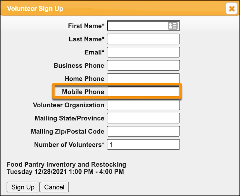 The Mobile Phone field on the sign-up form