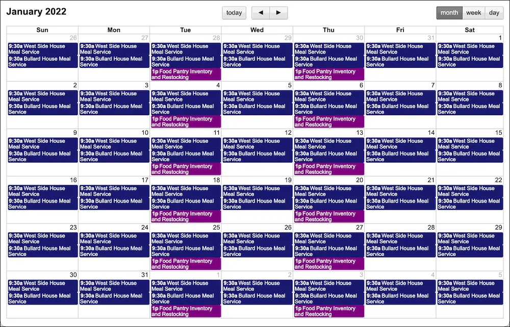 Calendar view of NMH’s many volunteer shifts for the month