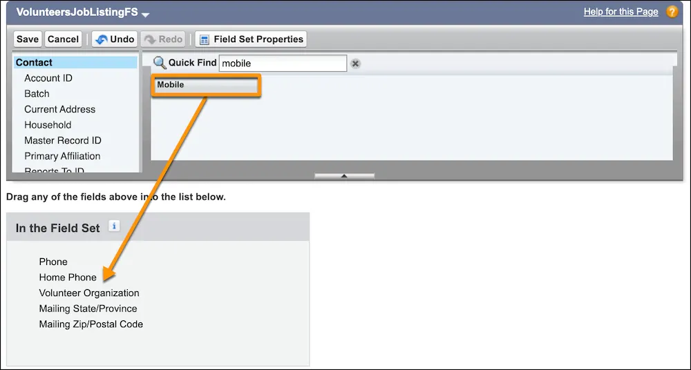 Dragging the Mobile field to the field set
