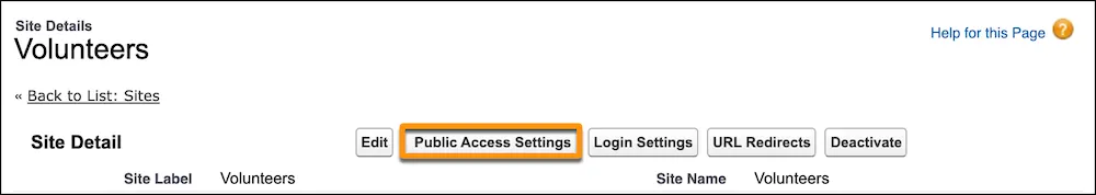 The Public Access Settings button on the Site Details page