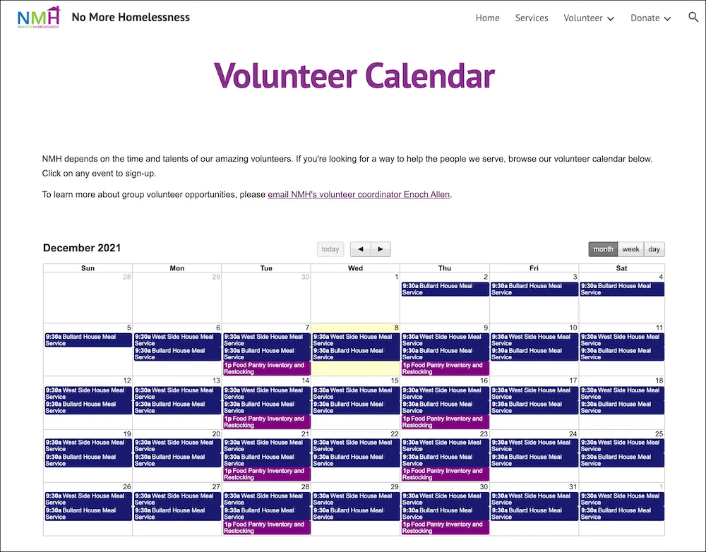 La vista del calendario de voluntarios en el sitio web de NMH