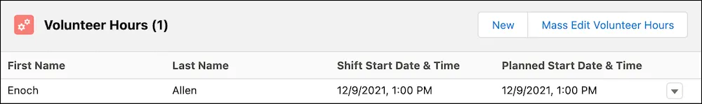 The Volunteer Hours related list with the record