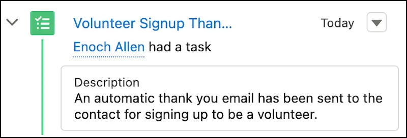 The Volunteer Signup Thank You task on a contact record