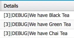 Debug log with three entries showing: black tea, green tea, and chai tea.