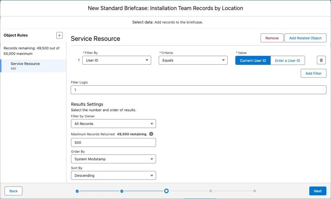 The object rule settings page for a Service Resource object includes a filter that evaluates if User ID equals the Current User ID.