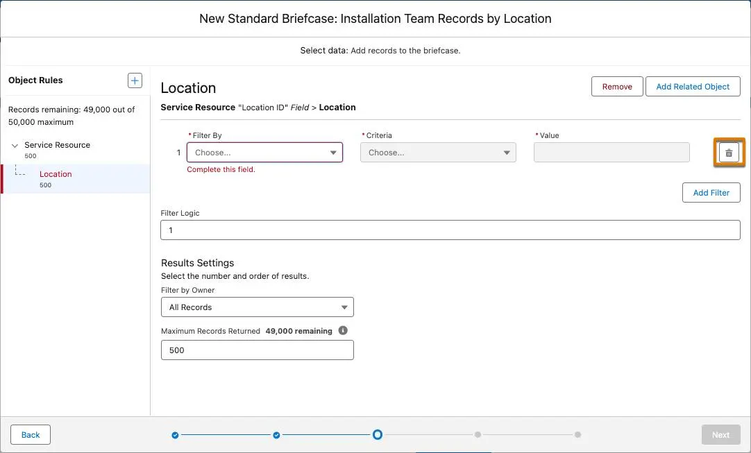 The object rule settings page for a Location object includes a delete icon for the default filter.