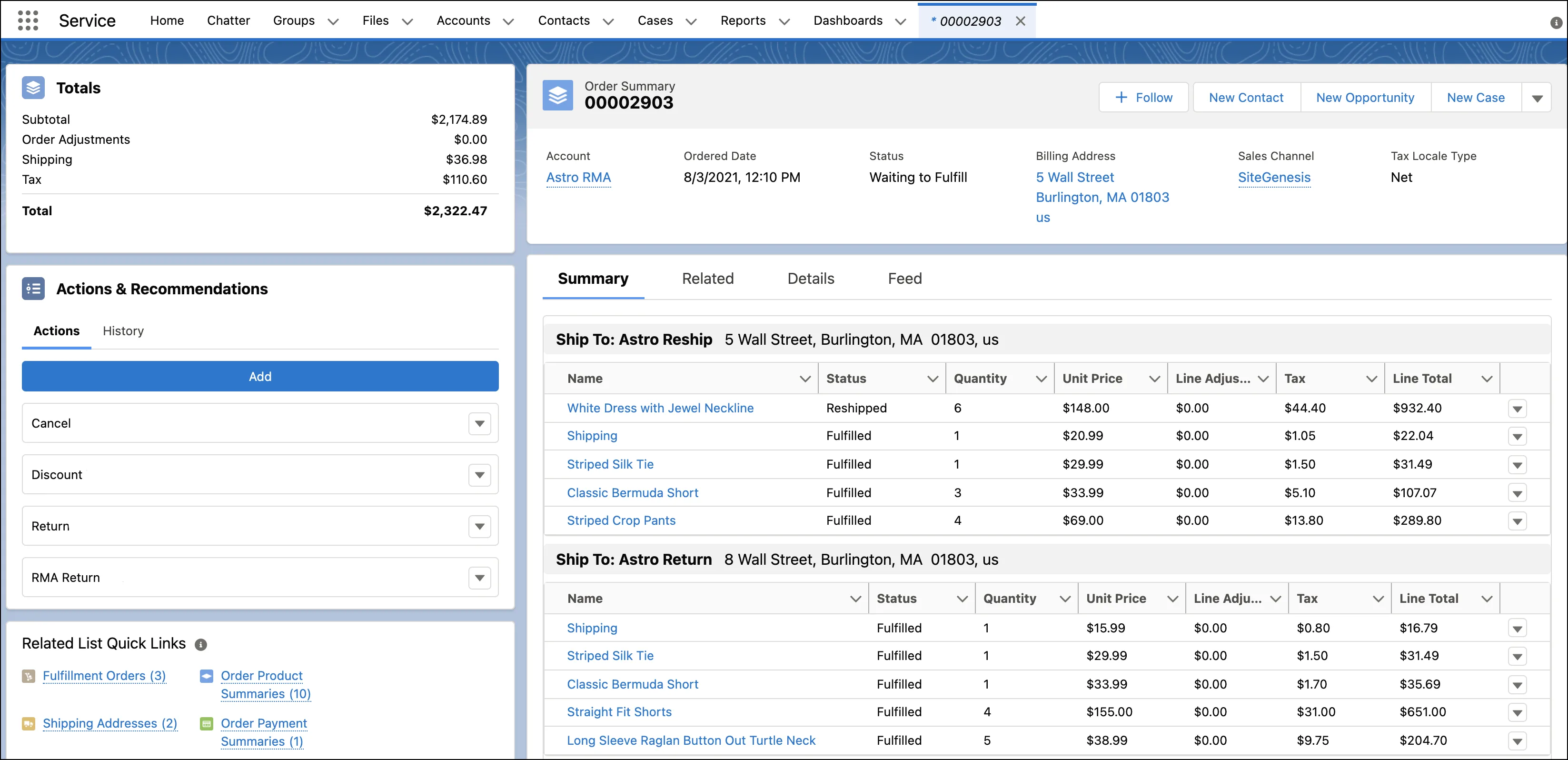 Service Console showing a customer's order summary record.