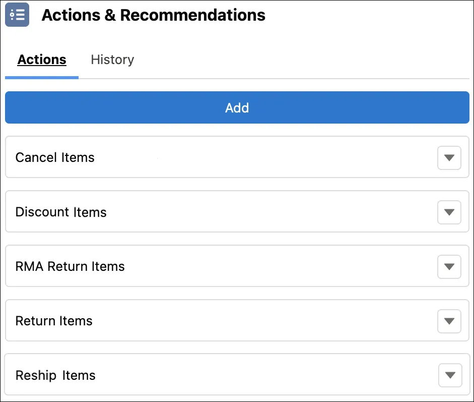 Página Resumo do pedido, seção Ação e recomendações.