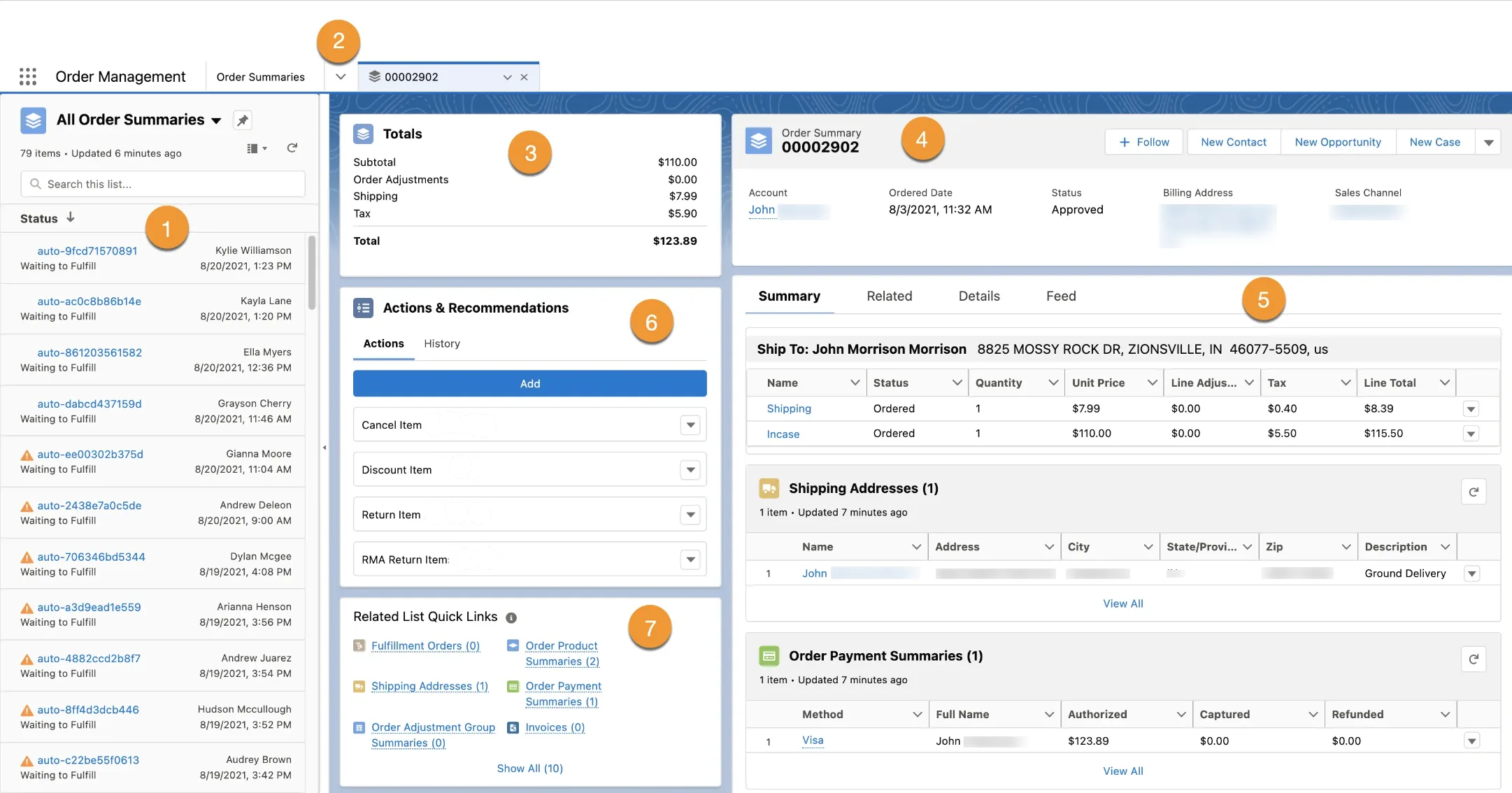 Order Management Console showing the Order Summary page.