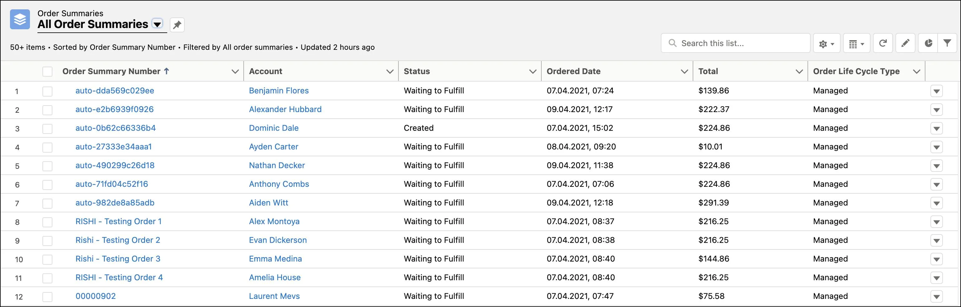 List view page in the Order Management Console showing All Order Summaries.