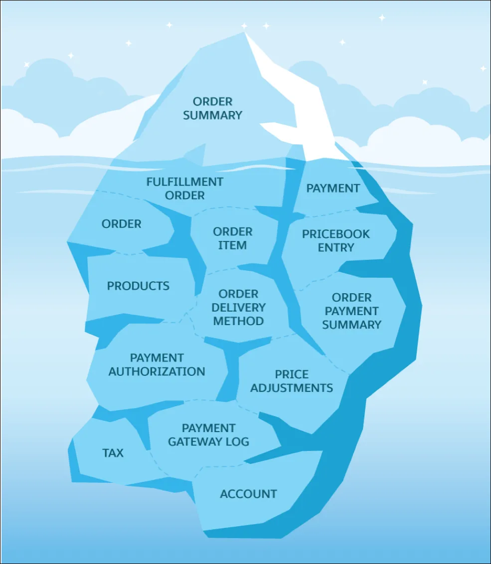 Floating iceberg showing the order summary record sitting above the surface and all supporting order records sitting below the surface.