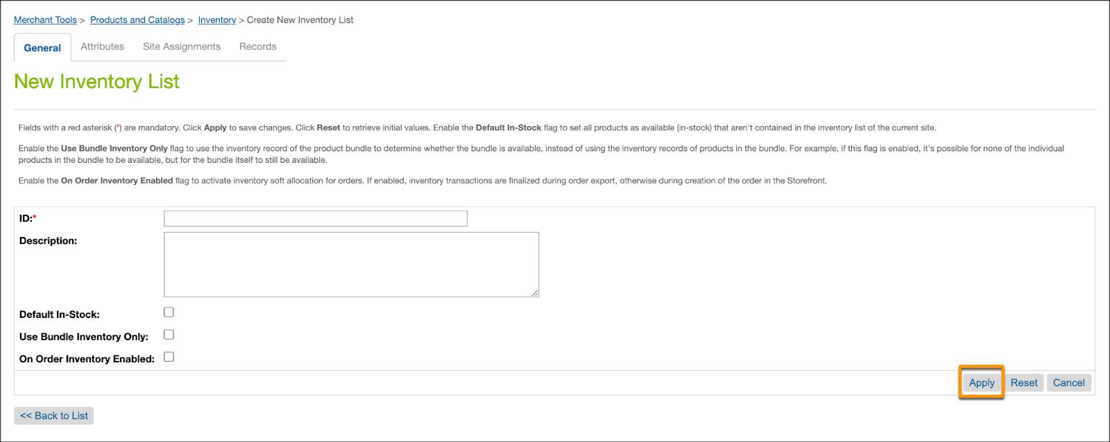 New Inventory List page in Business Manager with Apply selected.