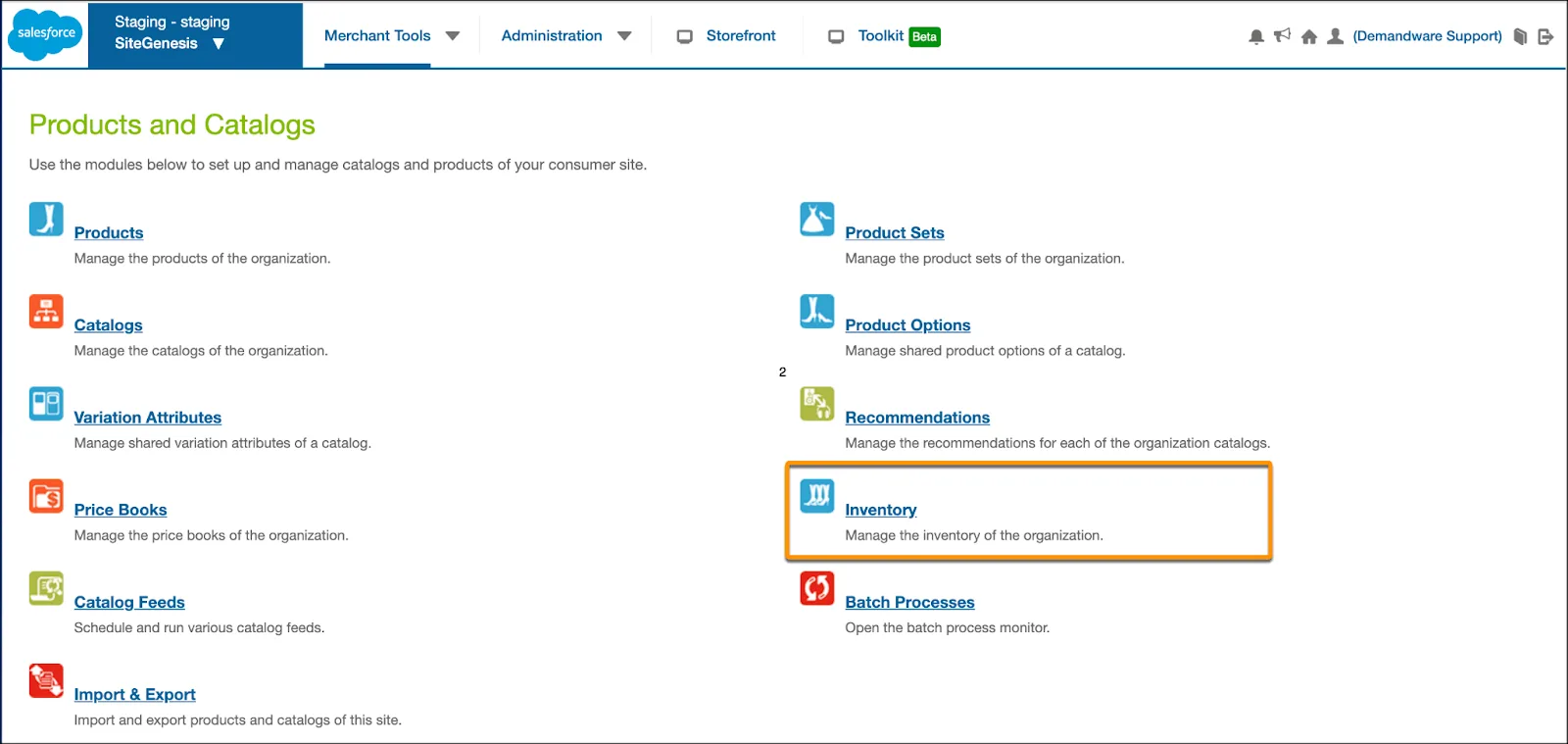 Products and Catalogs page in Business Manager with Inventory selected.