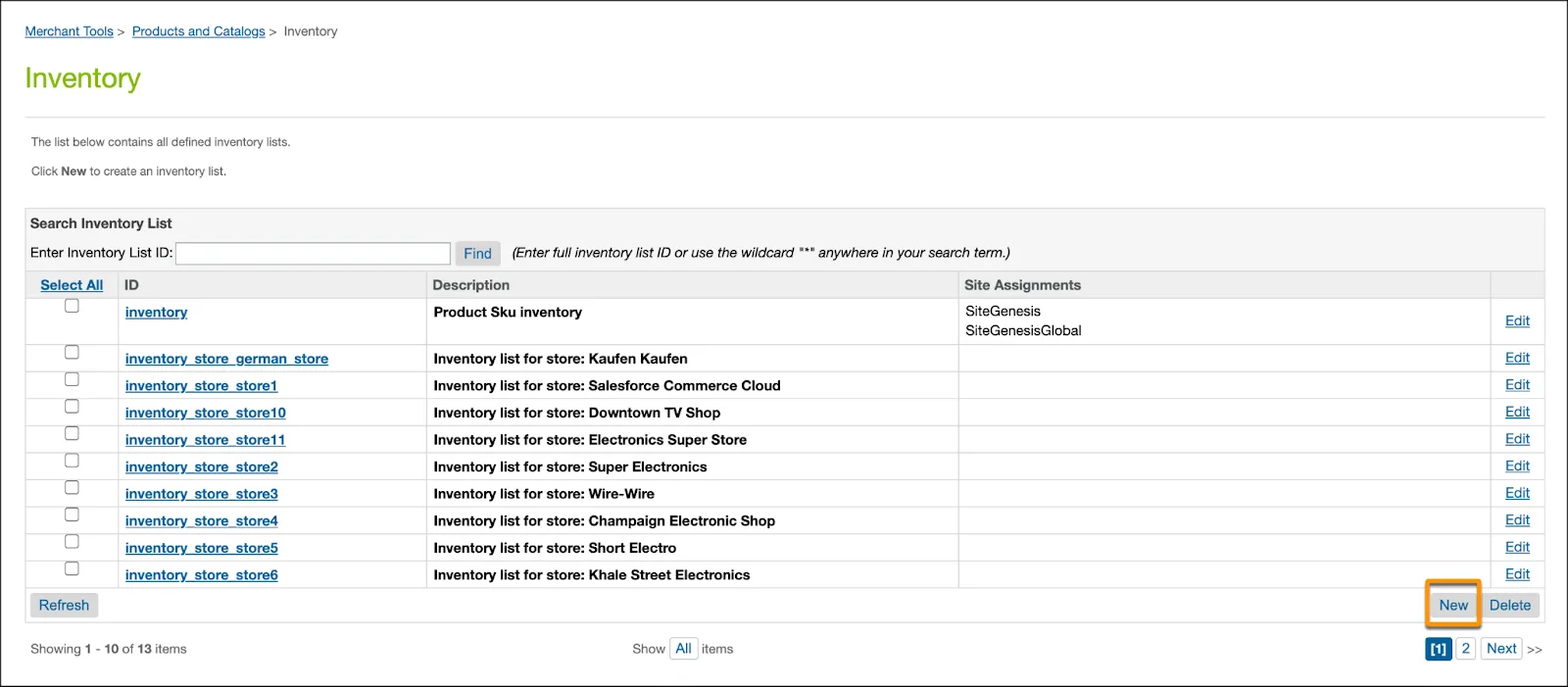 Inventory page in Business Manager with New selected.