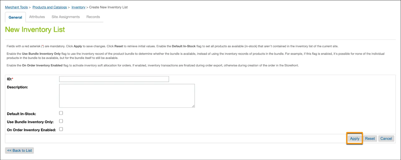 Página de nova lista de inventário no Business Manager com Aplicar selecionado.