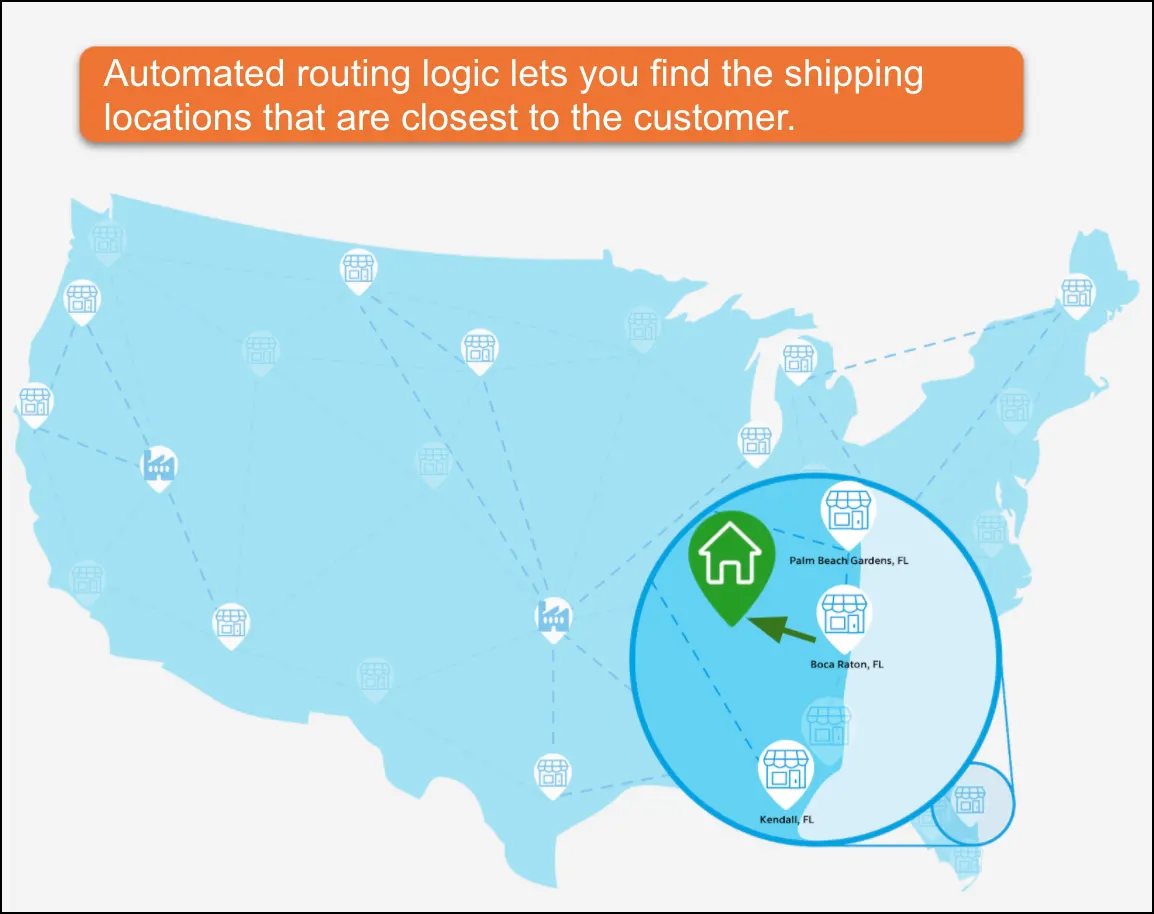 Silhouette of United States showing inventory locations closest to customer’s address.