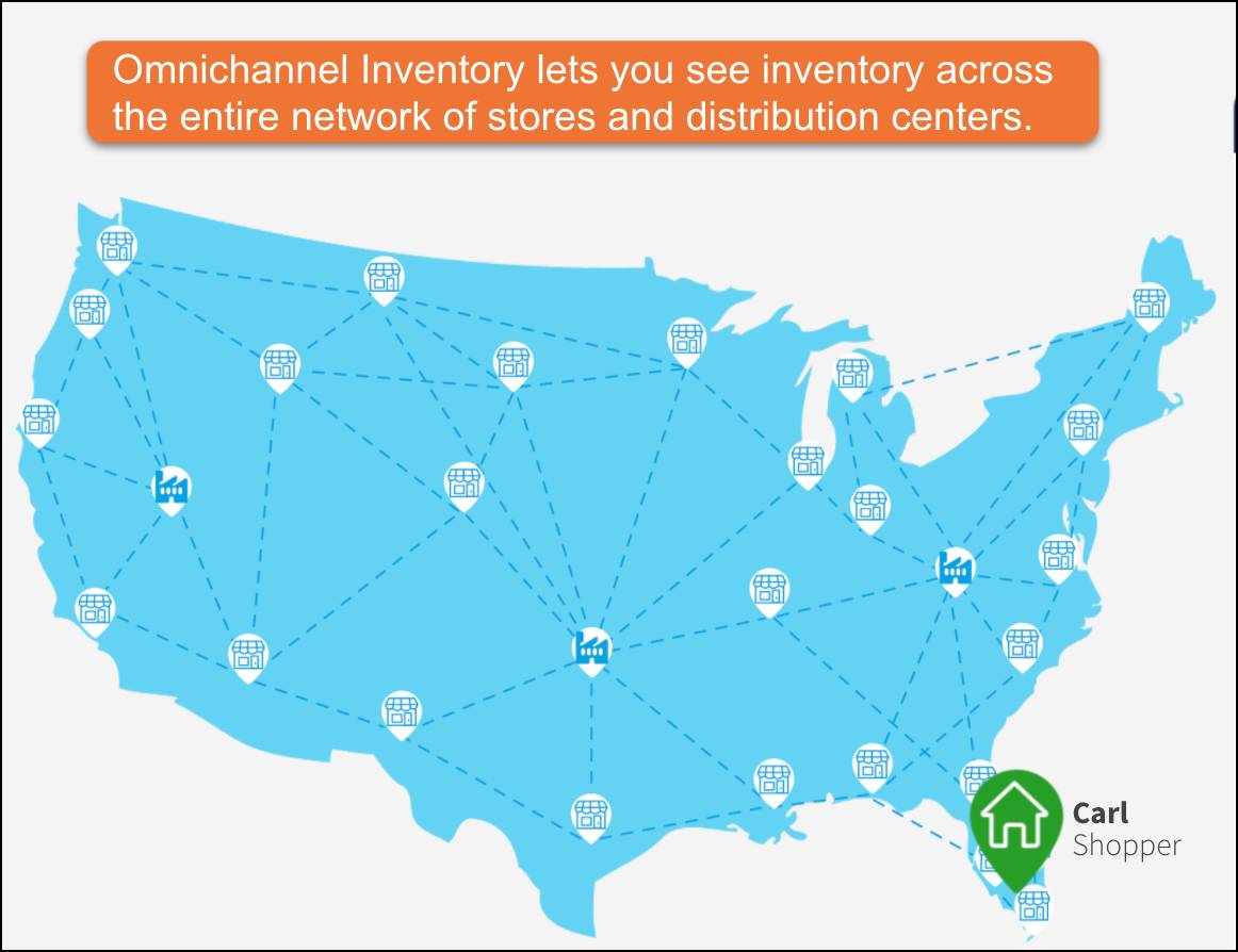Silhueta dos Estados Unidos mostrando localizações de inventário em todo o país.
