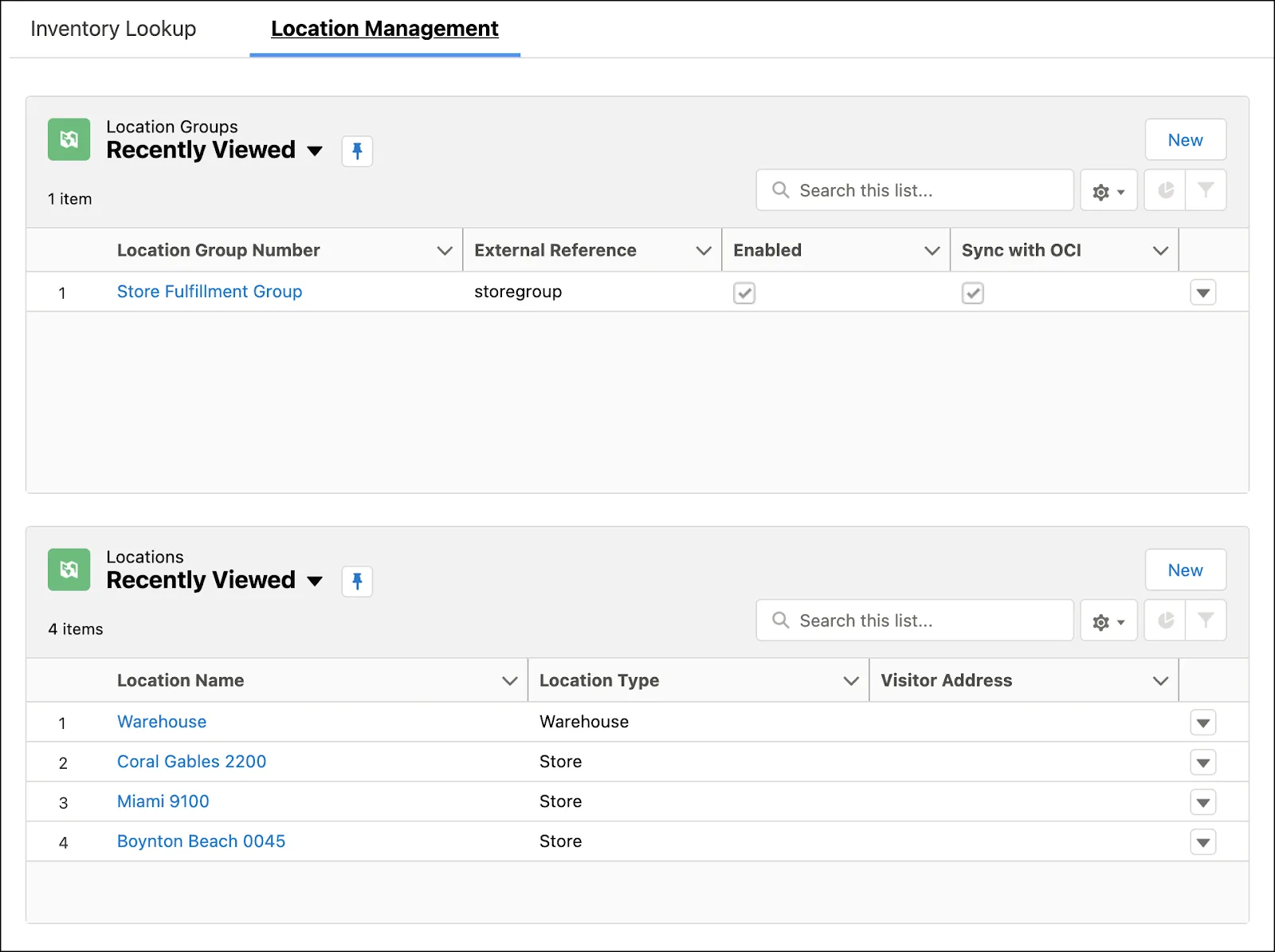 Omnichannel Inventory app showing the Location Groups and Locations list views on the Location Management tab.