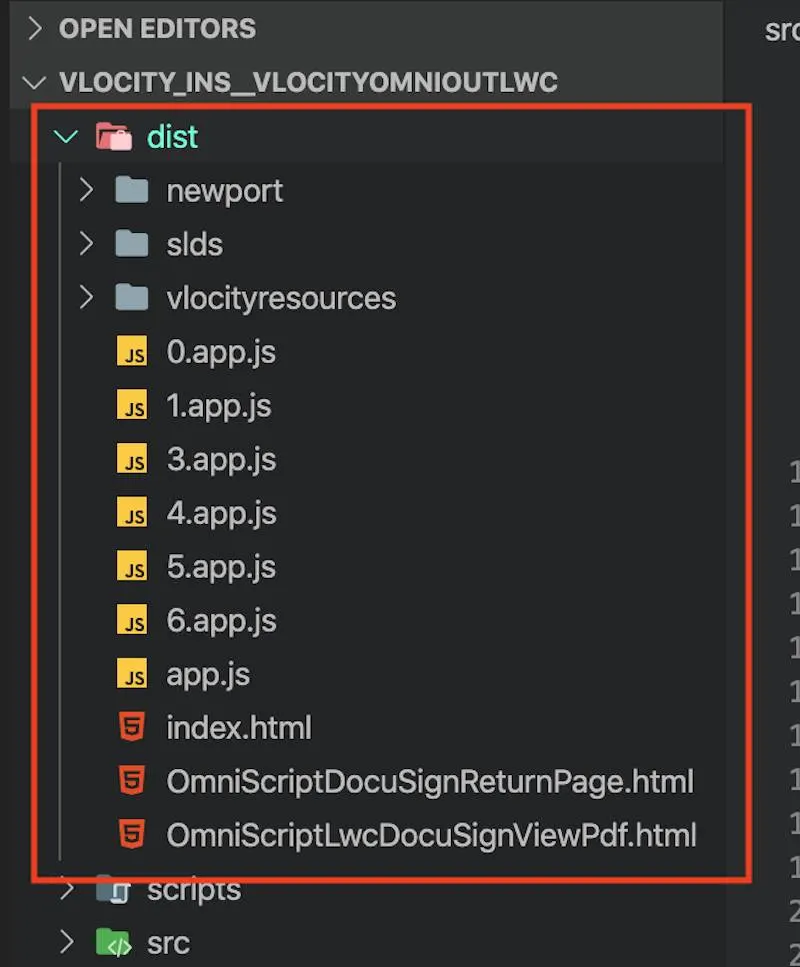 dist folder visible in a source-code editor