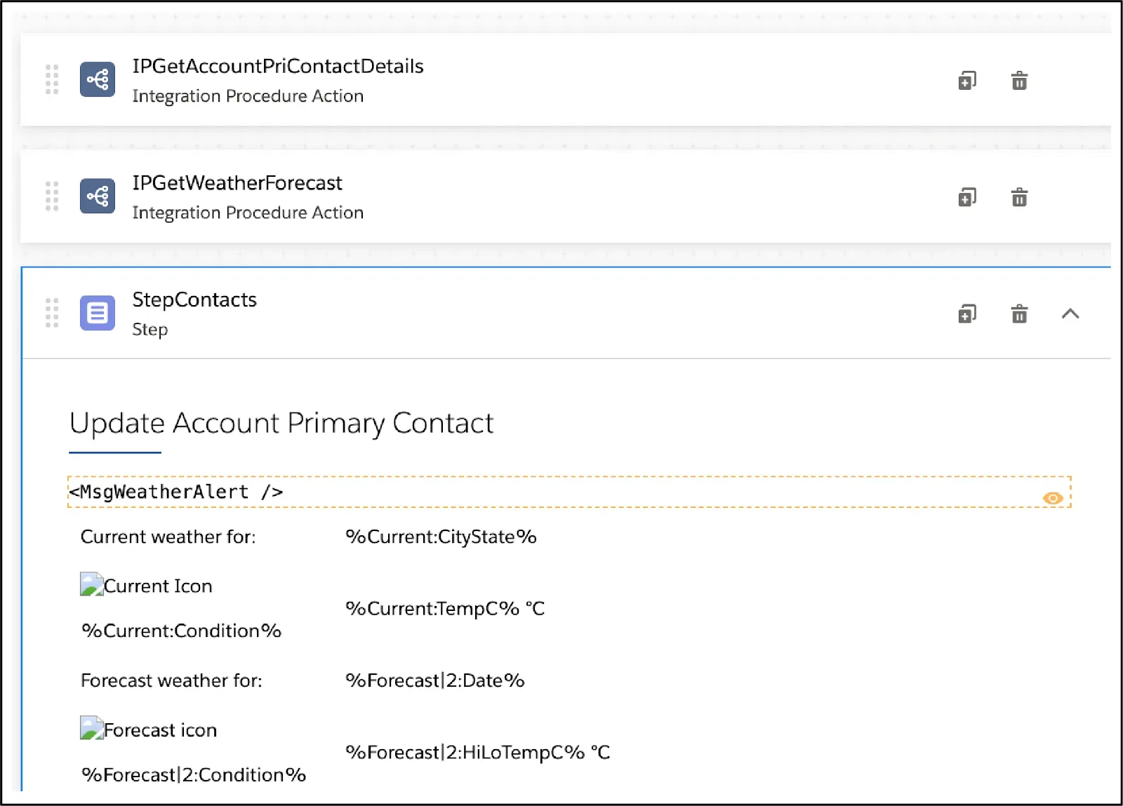 Two Integration Procedures visible above the Step element and Messaging and Text Block elements visible at the top of the Step