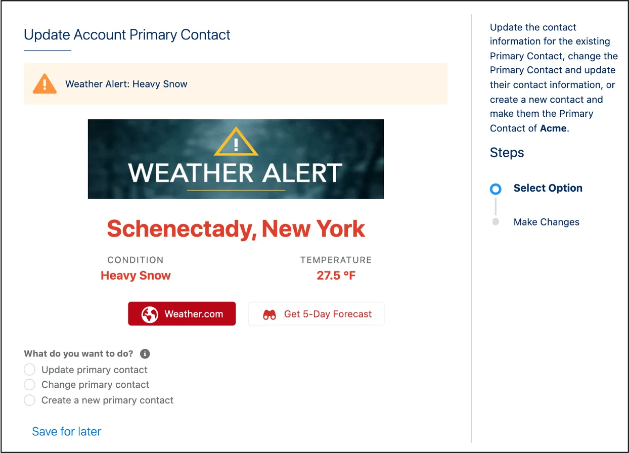 A weather alert and weather data display at the top of an OmniScript