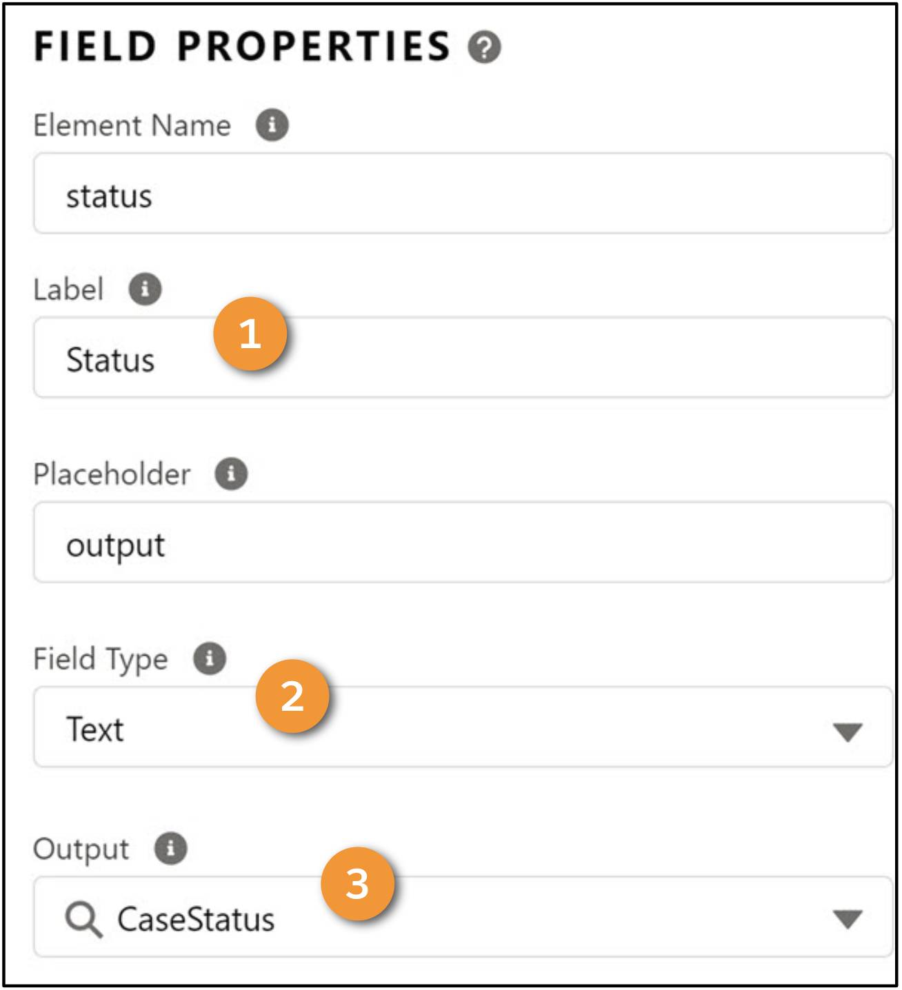 The Status field element properties include the Field Type, which is set as Text, and the CaseStatus, which is set as Output.