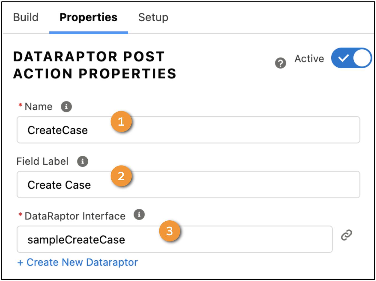 DataRaptor Post Action Properties include the name of the DataRaptor Load.