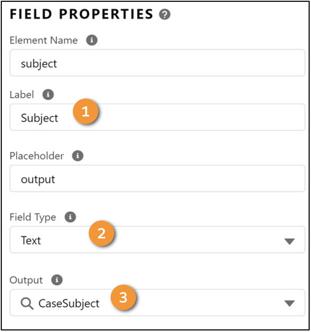 The Subject field element properties include the Field Type, which is set as Text, and the CaseSubject, which is set as Output.