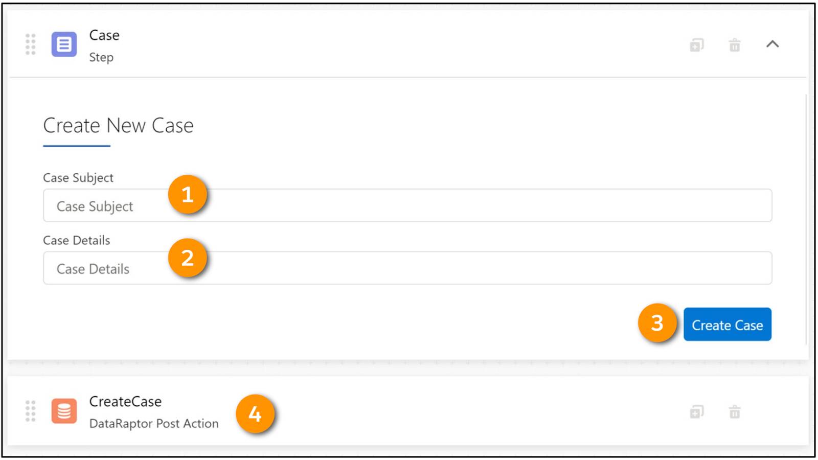 The Design view of the elements in the Create Case OmniScript