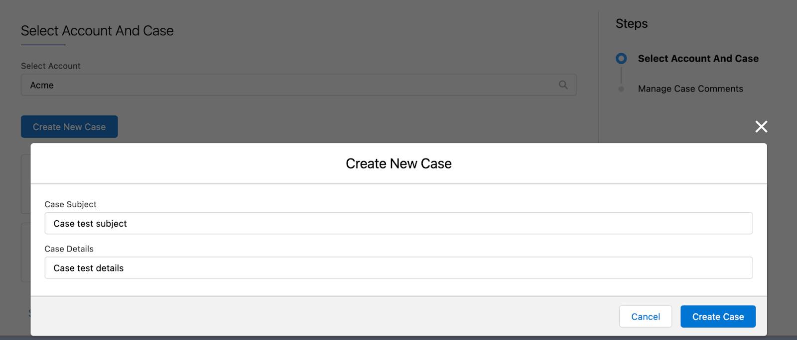 The Create New Case modal displays Case Subject and Case Description input fields and a Create Case button.