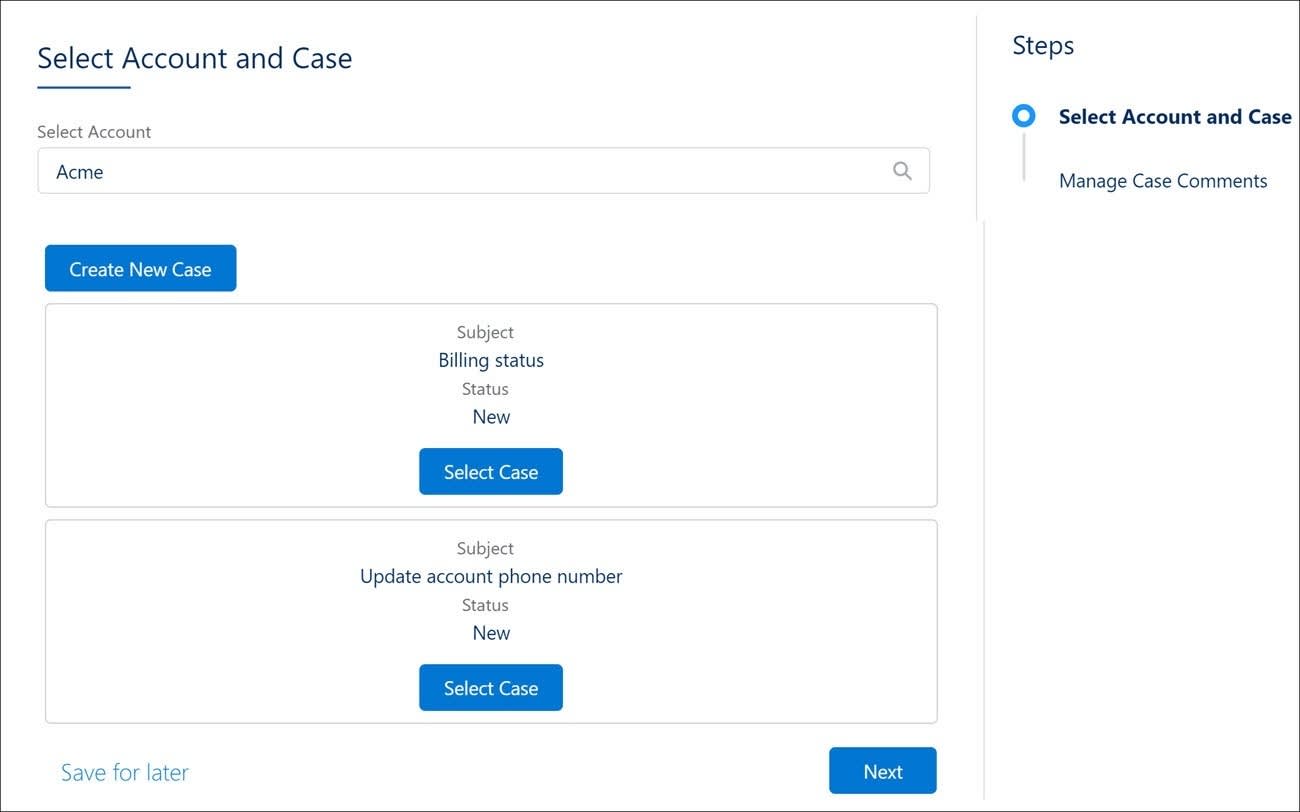 For the selected account, the OmniScript displays selectable cases and a Create New Case button.