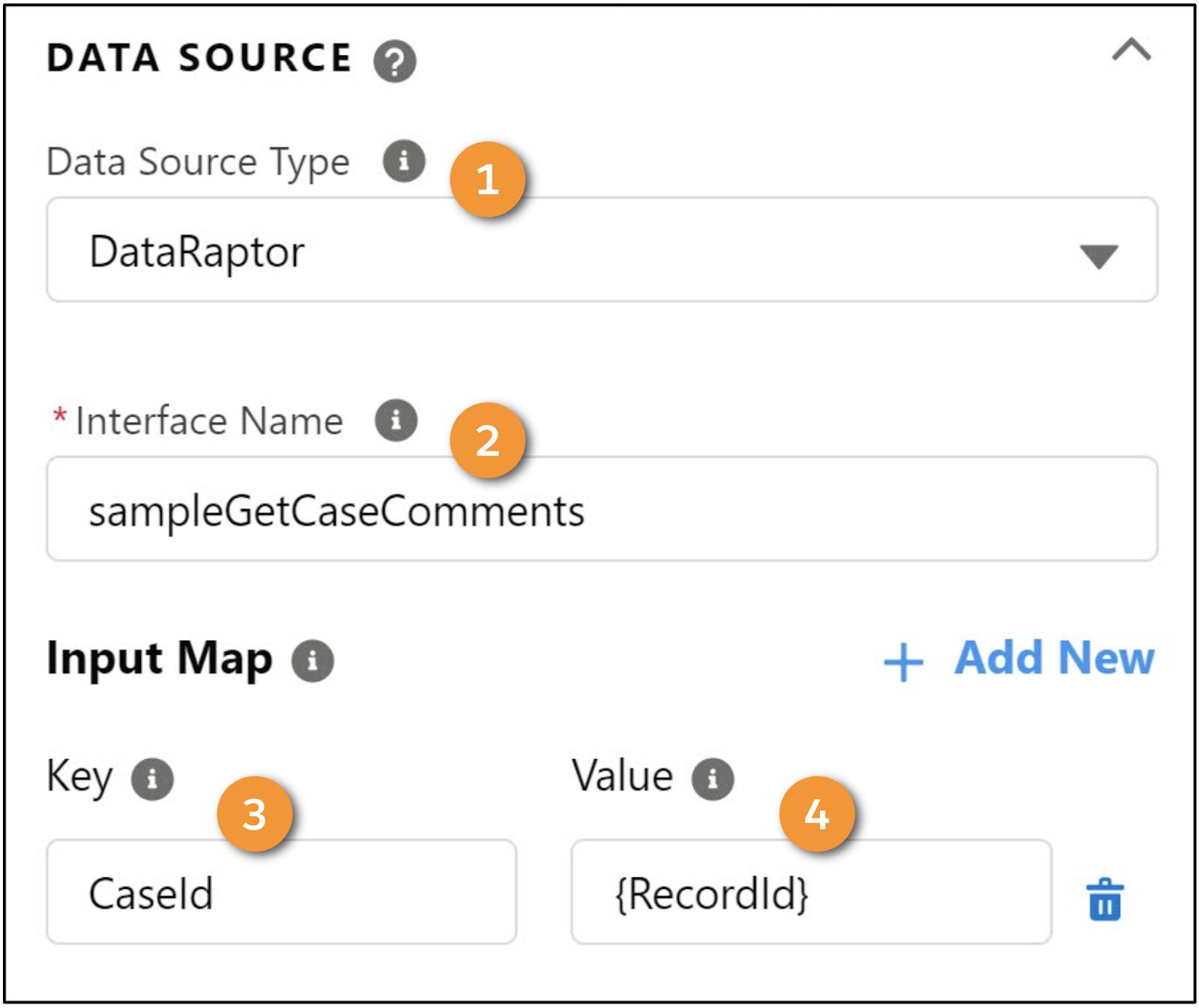 The Datatable FlexCard uses a DataRaptor as the data source.