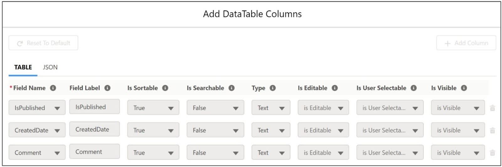 The Datatable Flexcard uses a standard Datatable element.