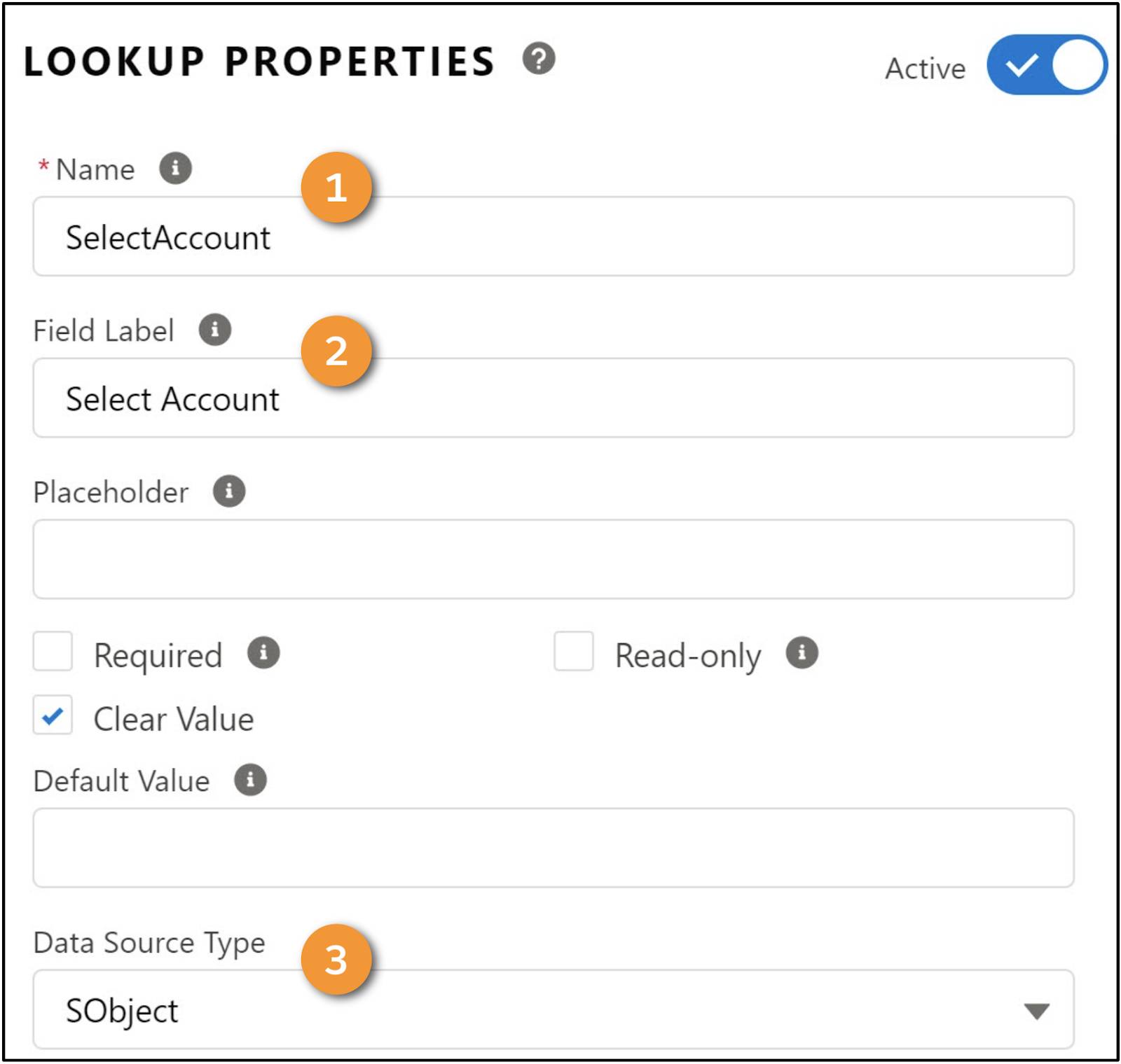 Lookup Name, Field Label, and Data Source Type properties