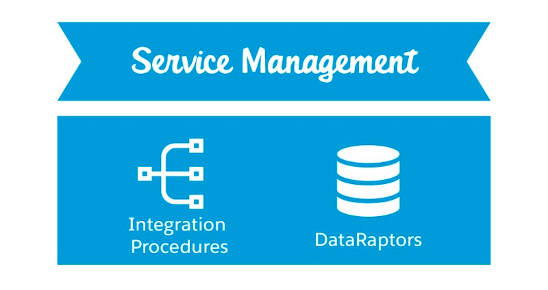 OmniStudio のサービス管理レイヤーには OmniStudio Integration Procedure と OmniStudio DataRaptor があります。