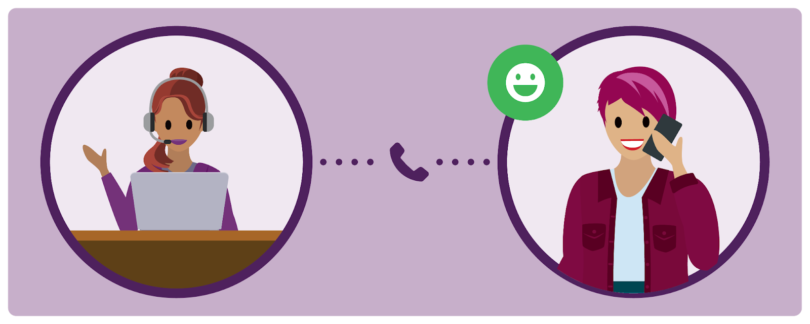 A call center rep and customer having a positive interaction.