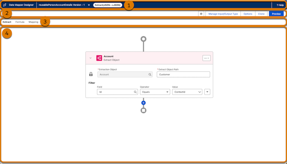 The Data Mapper Designer with a simple Account Data Mapper Extract loaded.
