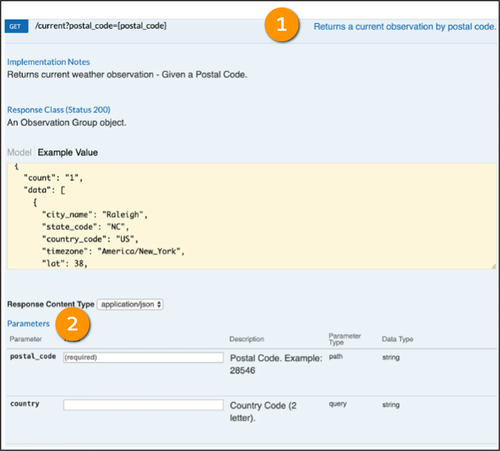 Link to Return an observation and Parameters fields.