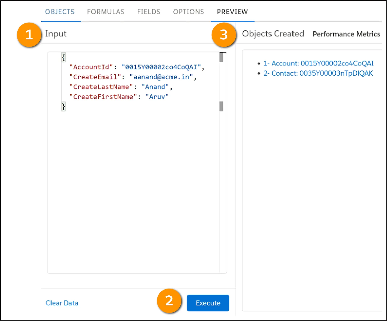 Input and resulting objects in the Preview tab