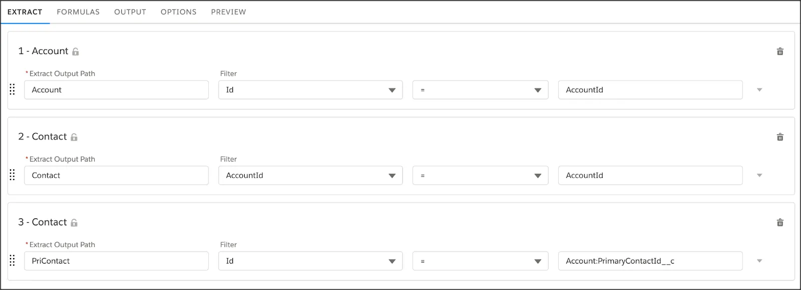 The Extract tab shows one Extract Output Path for Account and two for Contact