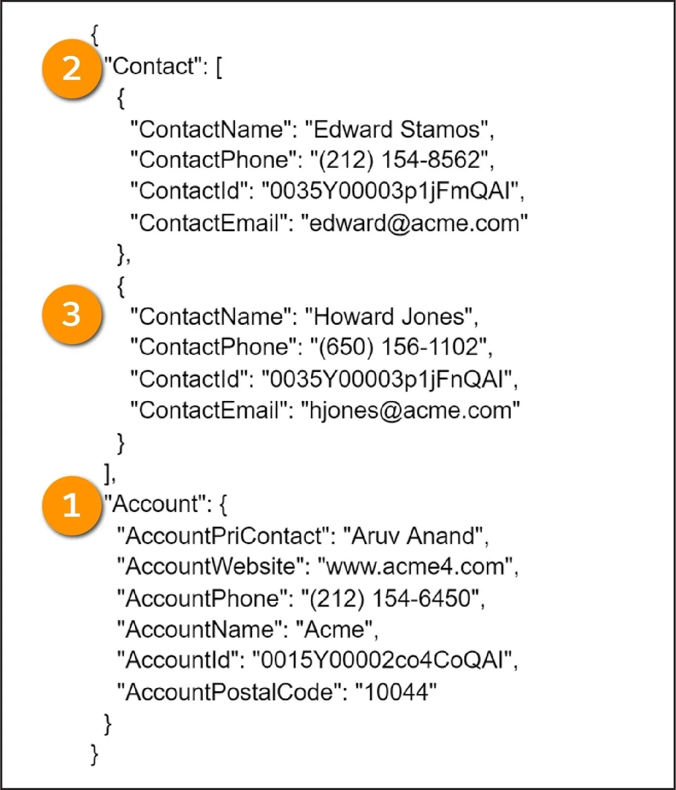 JSON nodes and Subnodes on Account data and Contact data